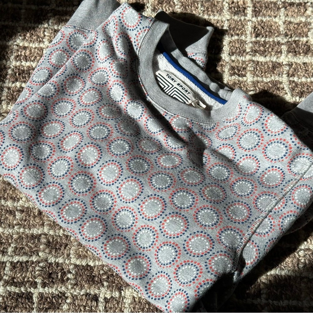 Tory Burch Tory Sport Printed Crew Neck Sweatshirt Gray Red White Blue Sweater